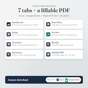 What's included in the Tax Set-Aside Tracker: 7 tabs and a fillable PDF