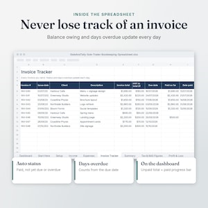Sole Trader Bookkeeping Invoice Tracker tab: never lose track of an invoice