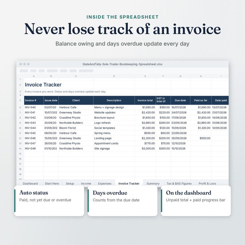 Sole Trader Bookkeeping Invoice Tracker tab: never lose track of an invoice