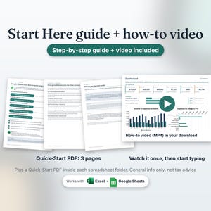 Start Here guide and how-to video: a 3-page Quick-Start PDF and an MP4 walkthrough, plus a Quick-Start PDF in each spreadsheet folder, for Excel or Google Sheets