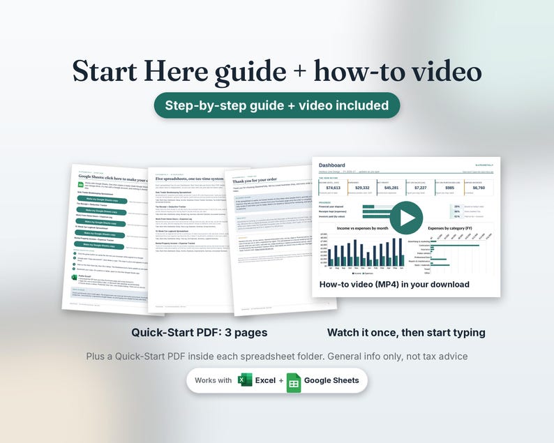 Start Here guide and how-to video: a 3-page Quick-Start PDF and an MP4 walkthrough, plus a Quick-Start PDF in each spreadsheet folder, for Excel or Google Sheets