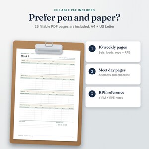 Printed page from the Powerlifting Log fillable PDF on a clipboard