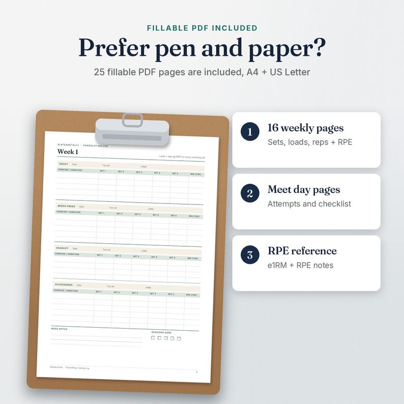 Printed page from the Powerlifting Log fillable PDF on a clipboard