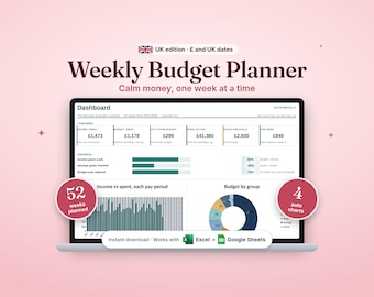 May include: A digital weekly budget planner displayed on a laptop screen. The interface features a dashboard with financial data, progress bars, a bar chart, and a pie chart. Text includes Weekly Budget Planner, UK edition, and 52 weeks planned.