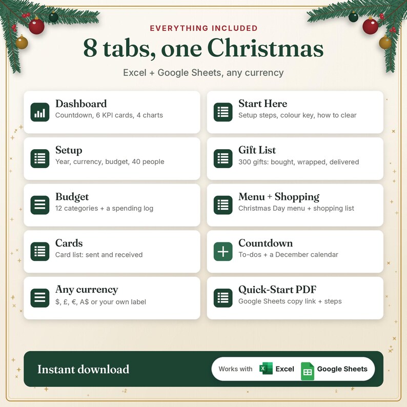 What's included in the Christmas planner: 8 tabs including budget, gift list, cards, menu and countdown