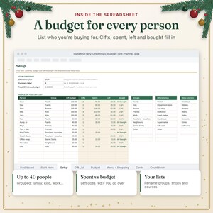 Christmas budget per person tab for gifts, spent and left to buy