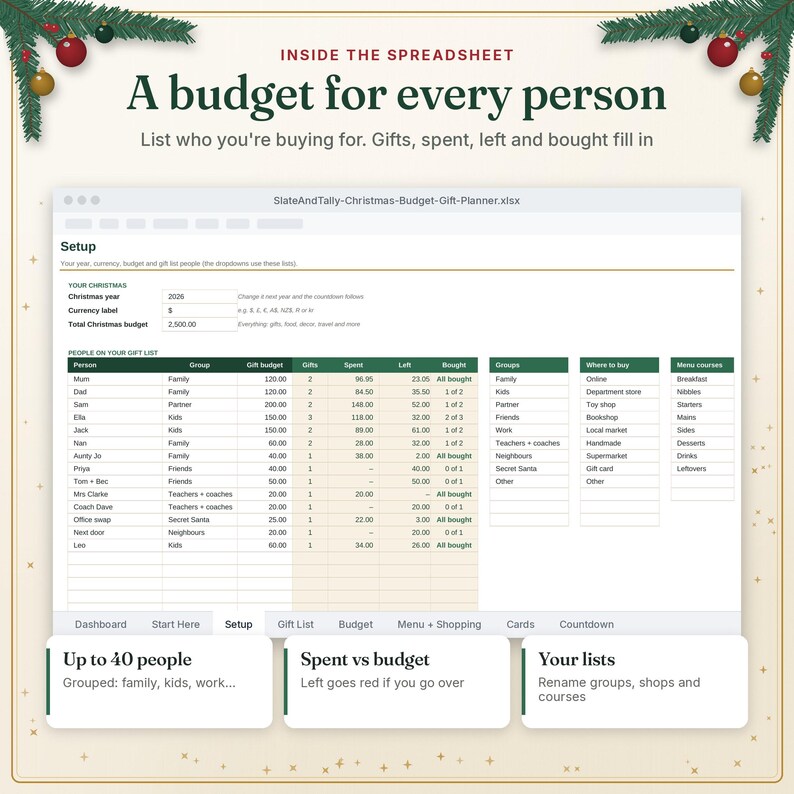 Christmas budget per person tab for gifts, spent and left to buy