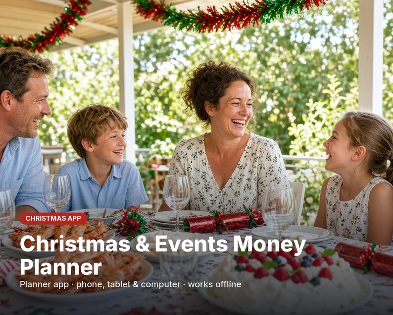 May include: A digital Christmas & Events Money Planner app interface displayed over a festive dining scene. The text reads: CHRISTMAS APP, Christmas & Events Money Planner, Planner app - phone, tablet & computer - works offline.