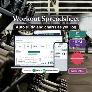 Workout Spreadsheet and Lifting Log, 12 Week Strength Training Tracker with e1RM Dashboard, Fillable PDF