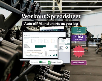 Workout Spreadsheet, 12 Week Strength Training Log, Gym Tracker, Google Sheets and Excel