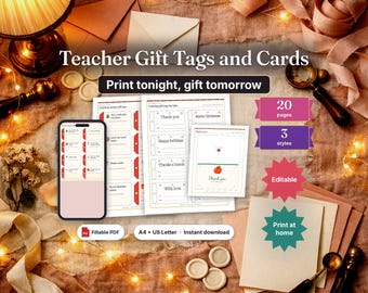 May include: Teacher gift tags and cards printable set featuring 20 pages and 3 styles. Includes fillable PDF, editable text, and A4 or US Letter sizing. The design displays various holiday-themed labels and cards with text like Thank you.