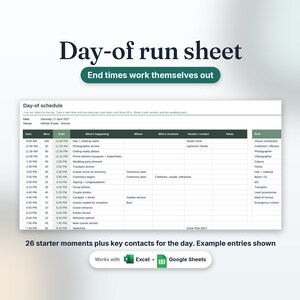 Day-of schedule run sheet with start and end times and key contacts