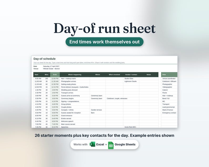 Day-of schedule run sheet with start and end times and key contacts