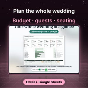 May include: A digital wedding planner dashboard displayed on a screen with the text Plan the whole wedding, Budget, guests, seating, and Your whole wedding at a glance. It features KPI cards, progress bars, and a table, compatible with Excel and Google Sheets.