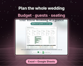 May include: A digital wedding planner dashboard displayed on a screen with the text Plan the whole wedding, Budget, guests, seating, and Your whole wedding at a glance. It features KPI cards, progress bars, and a table, compatible with Excel and Google Sheets.