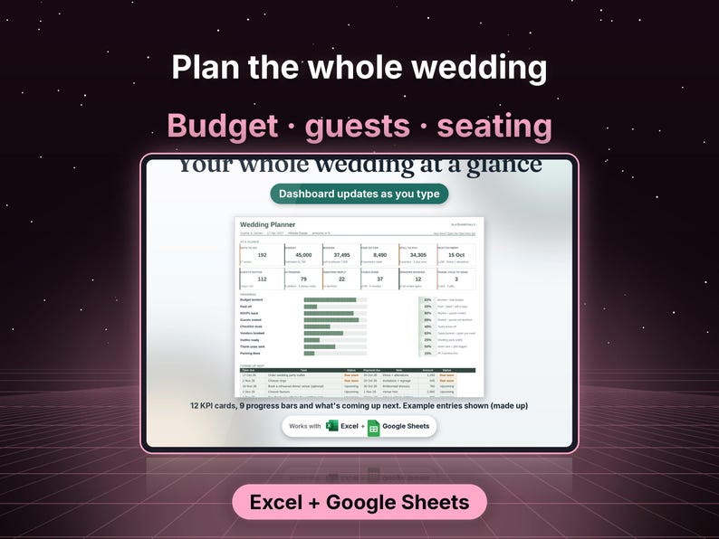 May include: A digital wedding planner dashboard displayed on a screen with the text Plan the whole wedding, Budget, guests, seating, and Your whole wedding at a glance. It features KPI cards, progress bars, and a table, compatible with Excel and Google Sheets.