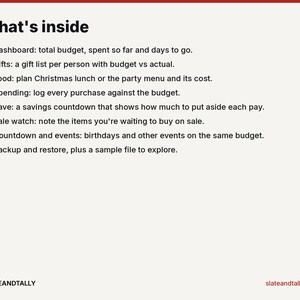 May include: A digital budget planner feature list titled What's inside. It includes bullet points for Dashboard, Gifts, Food, Spending, Save, Sale watch, Countdown and events, and Backup and restore. The text is black on a light background.