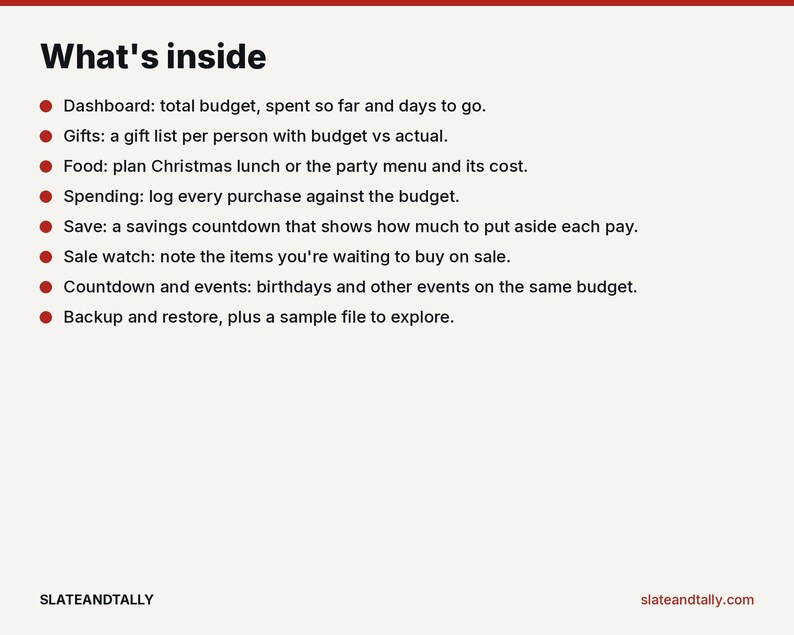 May include: A digital budget planner feature list titled What's inside. It includes bullet points for Dashboard, Gifts, Food, Spending, Save, Sale watch, Countdown and events, and Backup and restore. The text is black on a light background.