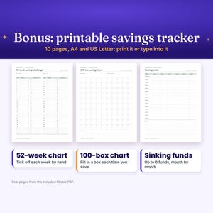 May include: A printable savings tracker set featuring 10 pages in A4 and US Letter sizes. Includes a 52-week savings challenge chart, a 100-box savings chart, and a sinking funds tracker. The text reads Bonus: printable savings tracker.