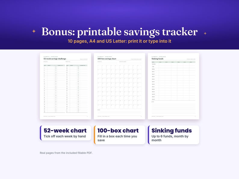 May include: A printable savings tracker set featuring 10 pages in A4 and US Letter sizes. Includes a 52-week savings challenge chart, a 100-box savings chart, and a sinking funds tracker. The text reads Bonus: printable savings tracker.