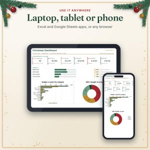 Christmas planner open on a laptop, tablet and phone in Excel and Google Sheets