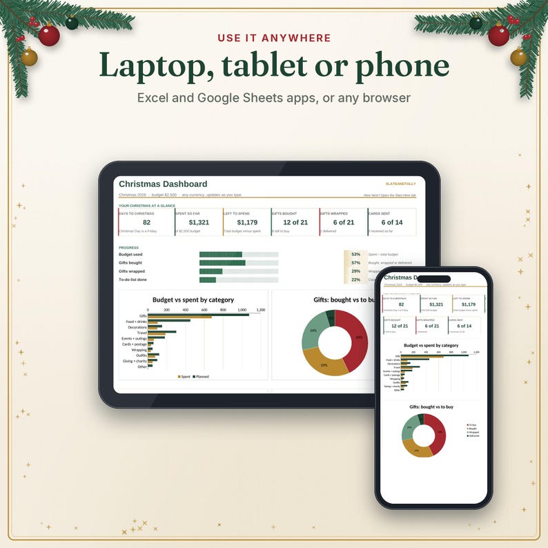 Christmas planner open on a laptop, tablet and phone in Excel and Google Sheets