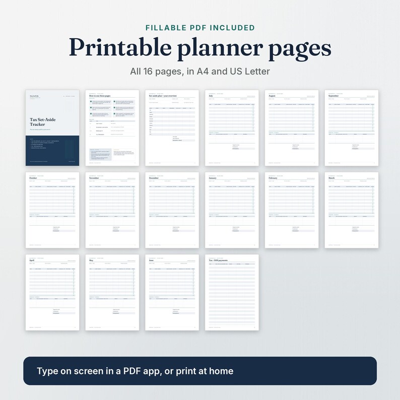Every page of the Tax Set-Aside Tracker fillable PDF laid out together, A4 and US Letter