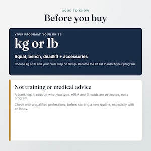 Good to know before you buy the Powerlifting Log: kg or lb, and a reminder it is a blank log, not training or medical advice