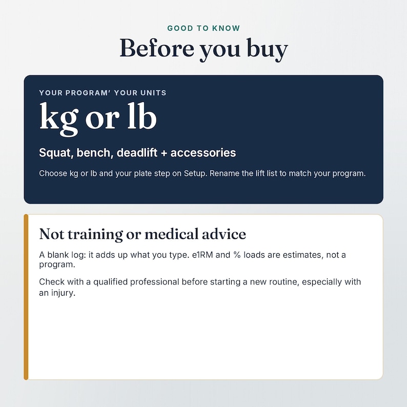 Good to know before you buy the Powerlifting Log: kg or lb, and a reminder it is a blank log, not training or medical advice