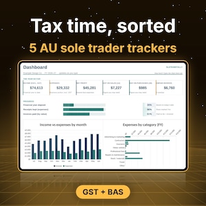 May include: A digital dashboard display titled Tax time, sorted 5 AU sole trader trackers, featuring financial data tables, progress bars, and bar charts for income, expenses, and net profit. A yellow button at the bottom reads GST + BAS.