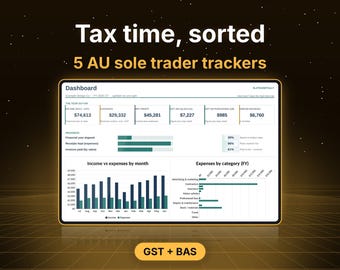 May include: A digital dashboard display titled Tax time, sorted 5 AU sole trader trackers, featuring financial data tables, progress bars, and bar charts for income, expenses, and net profit. A yellow button at the bottom reads GST + BAS.