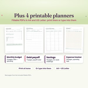 4 printable fillable planners in A4 and US Letter: monthly budget, debt payoff order planner, 52-week savings challenge and spending log pages
