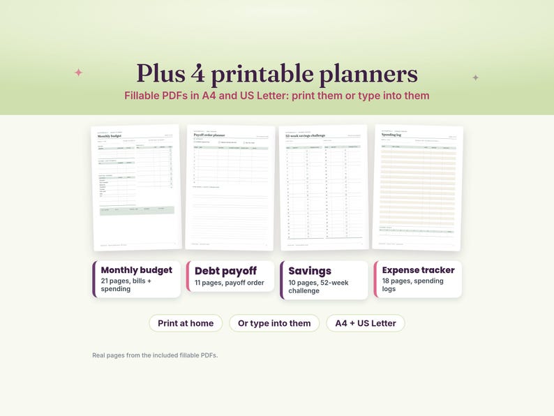 4 printable fillable planners in A4 and US Letter: monthly budget, debt payoff order planner, 52-week savings challenge and spending log pages