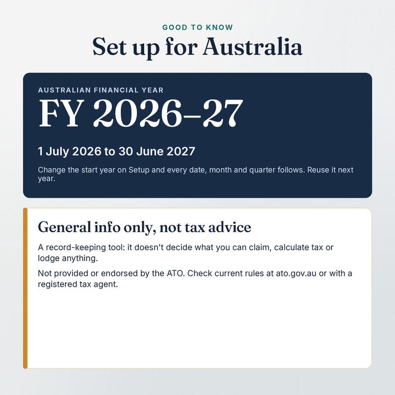 Good to know before you buy the Sole Trader Bookkeeping: set up for the Australian FY 2026-27, general information only and not tax advice
