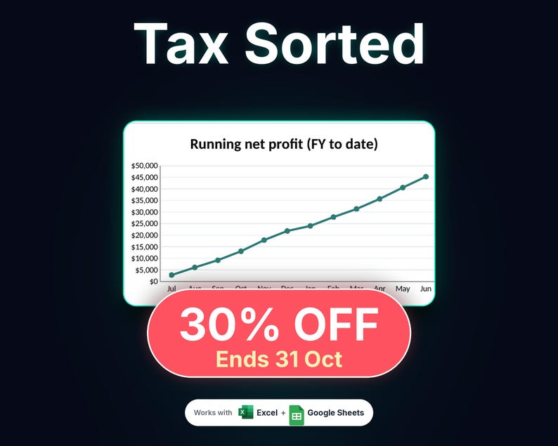 May include: A digital graphic titled Tax Sorted featuring a line chart showing running net profit from July to June. A red oval overlay displays 30% OFF Ends 31 Oct. A white pill-shaped badge at the bottom states Works with Excel + Google Sheets.