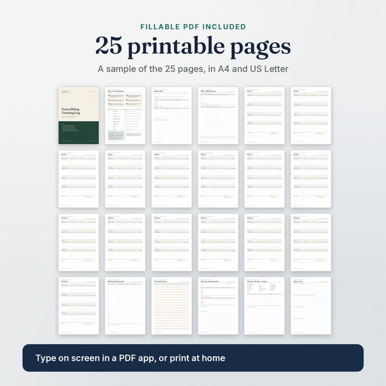 All 25 fillable PDF pages of the Powerlifting Log laid out together, A4 and US Letter