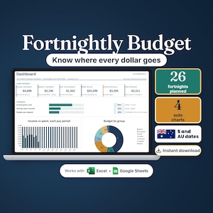 Fortnightly budget planner spreadsheet on a laptop with a dashboard of cards and charts; 26 fortnights planned, 4 auto charts, dollars and Australian dates, instant download, works with Excel and Google Sheets