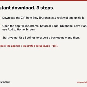 May include: An instructional graphic titled Instant download. 3 steps. It lists three numbered steps for downloading and setting up an app file, including browser instructions and backup advice. It notes the inclusion of an app file and PDF guide.