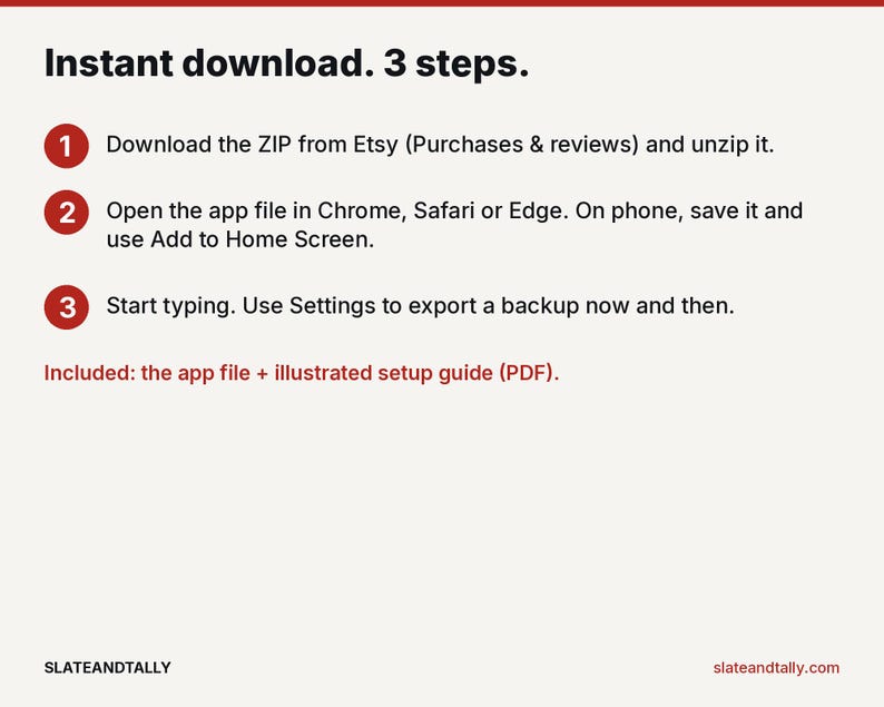 May include: An instructional graphic titled Instant download. 3 steps. It lists three numbered steps for downloading and setting up an app file, including browser instructions and backup advice. It notes the inclusion of an app file and PDF guide.