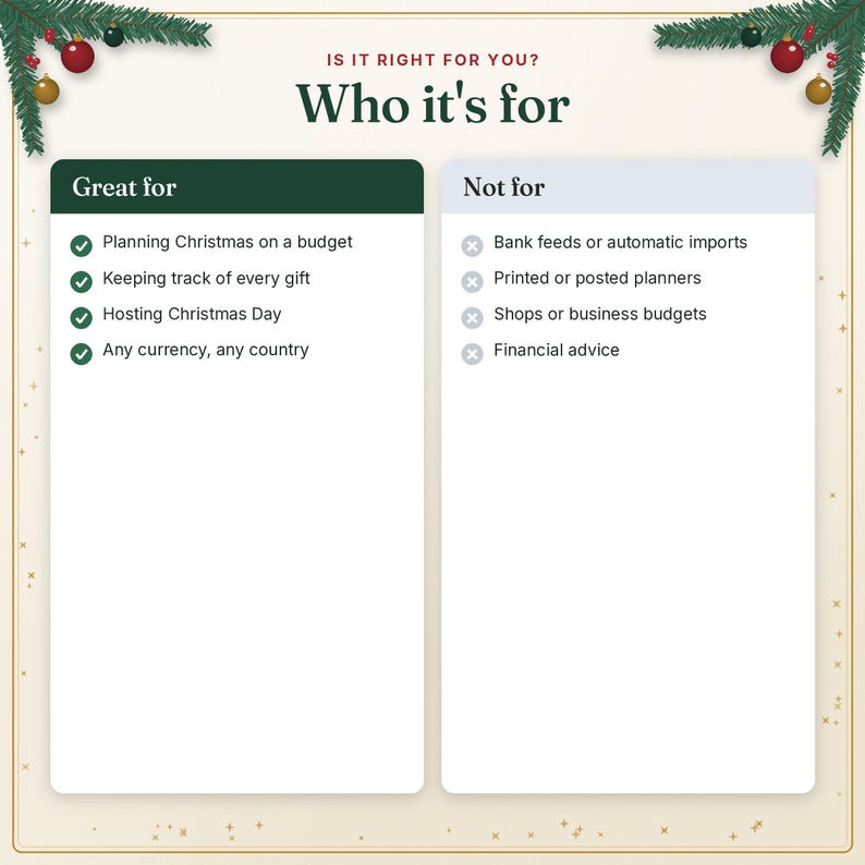 Who the Christmas planner is for and not for, as two checklists