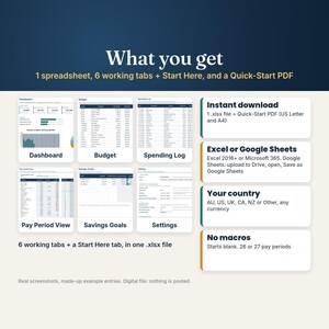 What you get: one spreadsheet with Dashboard, Budget, Spending Log, Pay Period View, Savings Goals and Settings tabs, plus a Quick-Start PDF in US Letter and A4