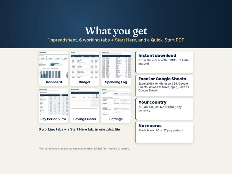 What you get: one spreadsheet with Dashboard, Budget, Spending Log, Pay Period View, Savings Goals and Settings tabs, plus a Quick-Start PDF in US Letter and A4