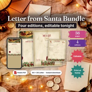 May include: A Letter from Santa Bundle featuring four editable editions, 56 pages, and printable documents. Includes a smartphone displaying a digital template, A4 and US Letter sizes, and a fillable PDF format for instant download.