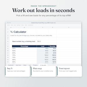 Powerlifting Log % Calculator tab: work out loads in seconds