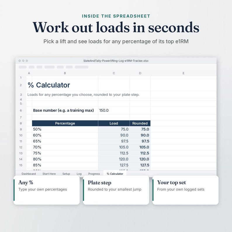 Powerlifting Log % Calculator tab: work out loads in seconds