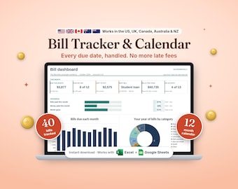 Bill Tracker Spreadsheet, Bill Payment Calendar, Monthly Bill Organizer for Google Sheets and Excel