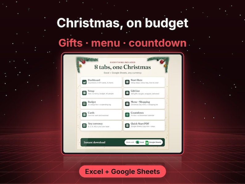 May include: A digital Christmas planner template for Excel and Google Sheets. The interface displays the text 'Christmas, on budget', 'Gifts &middot; menu &middot; countdown', and '8 tabs, one Christmas' with sections for dashboard, setup, budget, cards, start here, gift list, menu, and countdown.