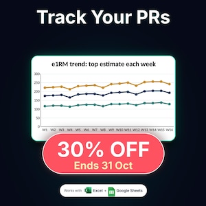 May include: A digital tracking chart titled Track Your PRs featuring a line graph labeled e1RM trend: top estimate each week with three data lines in gold, dark blue, and teal. A red banner displays 30% OFF Ends 31 Oct. Works with Excel and Google Sheets.