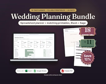 Wedding Planning Bundle, 18 Tab Spreadsheet Planner + Fillable Printables Suite Blush Sage