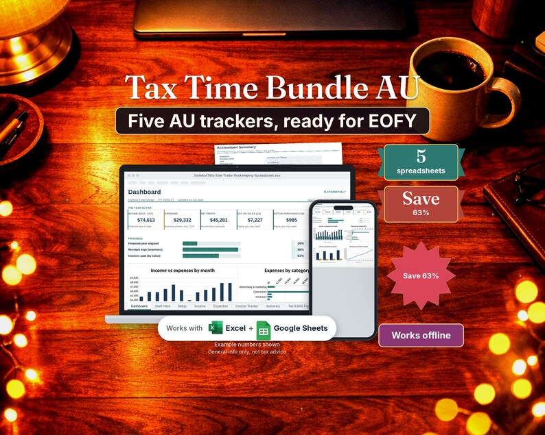 May include: A digital Tax Time Bundle AU featuring five trackers for EOFY. The display shows a laptop and smartphone with financial dashboards, income, and expense charts. Text includes Tax Time Bundle AU, Five AU trackers, ready for EOFY, 5 spreadsheets, Save 63%, and Works with Excel and Google Sheets.